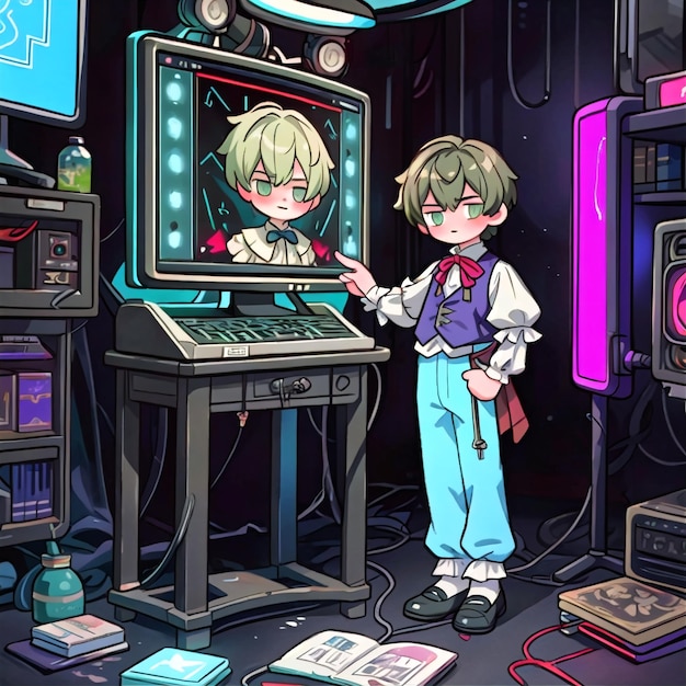 Ilustración de estilo anime de un niño en una habitación con una computadora