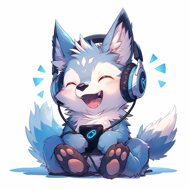 Ilustración de estilo anime de un perro peludo con auriculares y un teléfono generativo ai