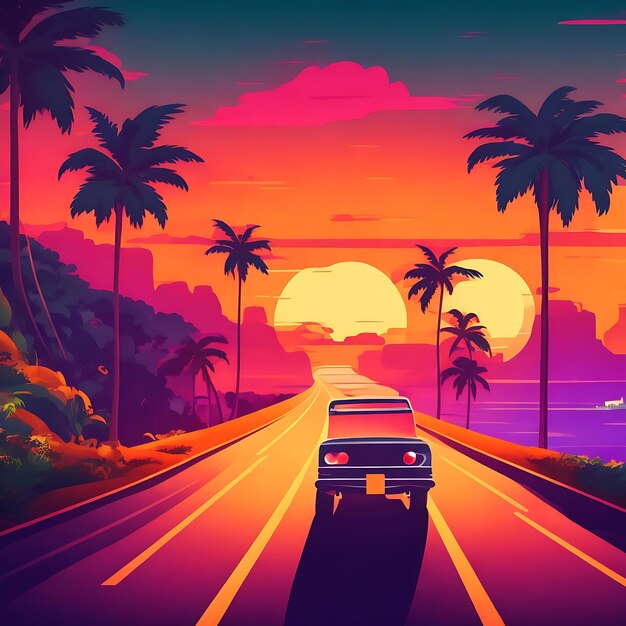 Ilustración de estilo de los años 80 con vibraciones de verano con conducción de automóviles hacia la puesta del sol IA generativa