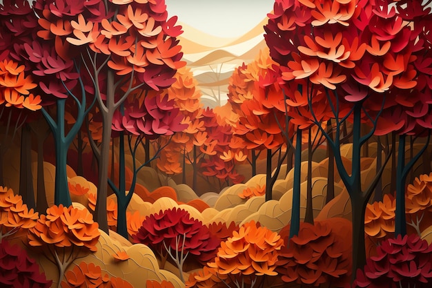 Una ilustración de estilo de arte en papel de un bosque en otoño
