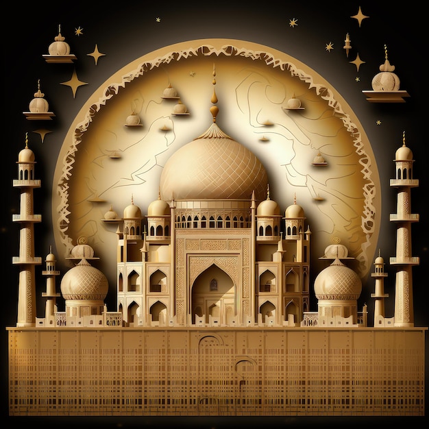 Ilustración de estilo de artesanía 3D de la mezquita de corte de papel para el fondo islámico Ramadan Kareem Ilustración abstracta en papel 3D