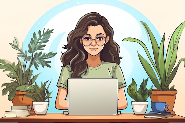 Ilustración de estilo de dibujos animados adolescente joven y rizado con gafas de camiseta verde trabaja con computadora portátil