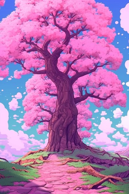 Foto ilustración de estilo de dibujos animados de un árbol con flores rosas en un campo ai generativo