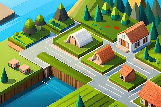 Una ilustración de estilo de dibujos animados de una ciudad con una carretera y casas.