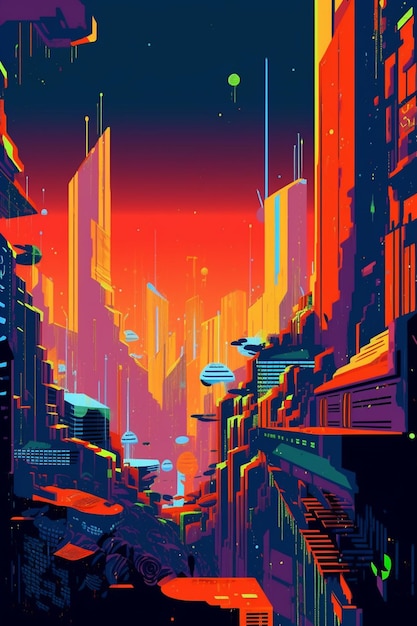 Una ilustración de estilo de dibujos animados de una ciudad con un letrero de neón que dice 'cyberpunk'