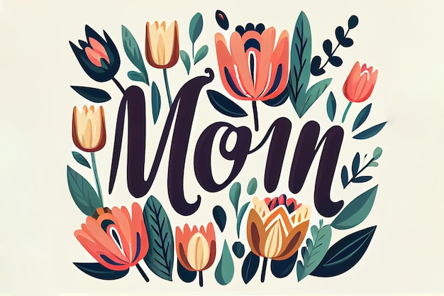 Ilustración de estilo de dibujos animados de flores para felicitar el día de la madre e inscripción de texto mamá AI