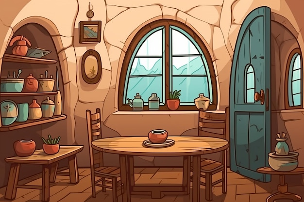 Una ilustración de estilo de dibujos animados de una habitación con una puerta azul y una mesa de madera con una olla encima.