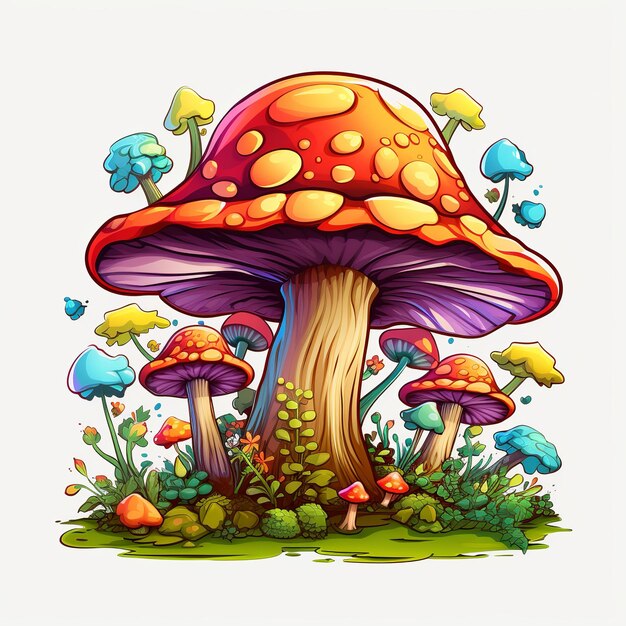 Ilustración del estilo de dibujos animados de imagen vectorial 2D colorido del árbol Mashroom