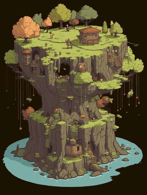 Una ilustración de estilo de dibujos animados de una isla de montaña con una casa en el árbol.
