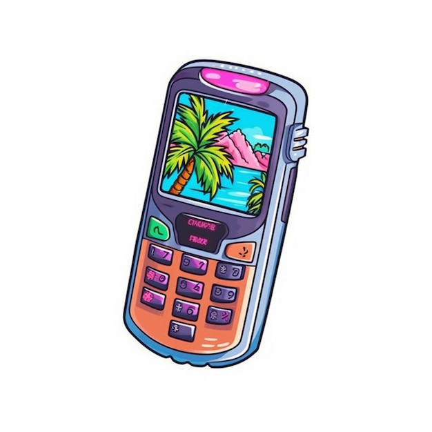 Ilustración de estilo de dibujos animados de un teléfono celular con una palmera en la pantalla generativa ai