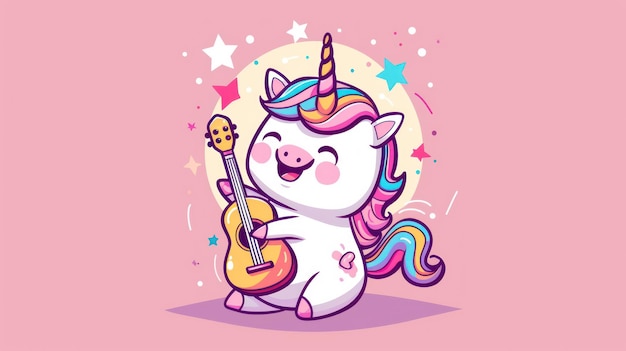 Foto ilustración estilo dibujos animados unicornio gracioso tocando la guitarra musical en fondo pastel generado por la ia