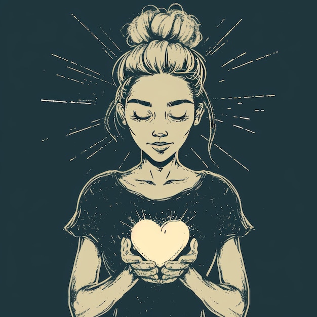 Foto ilustración de estilo doodle moderno mujer con corazón en las manos