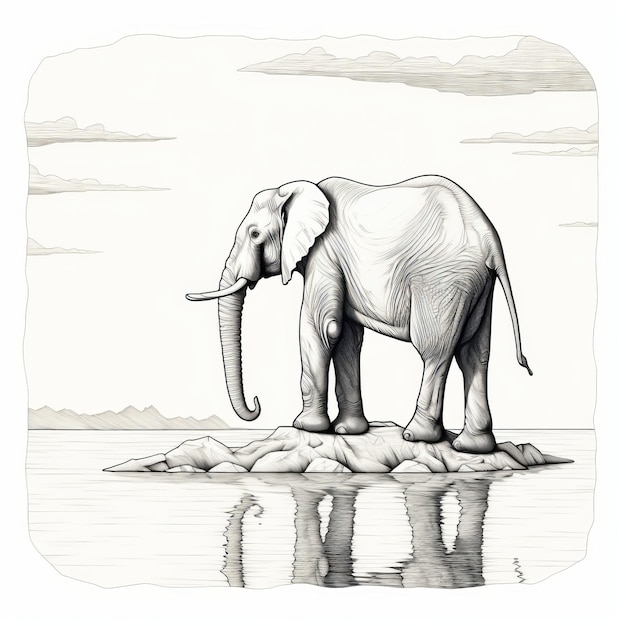 una ilustración de estilo editorial de un elefante en una isla, con técnica de lavado de tinta monocromática. La obra de arte muestra reflejos y efectos de espejo, con un enfoque en el diseño detallado de los personajes.