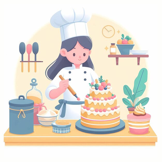 Ilustración en el estilo flar de un chef de pastelería haciendo un pastel Concepto de confitería