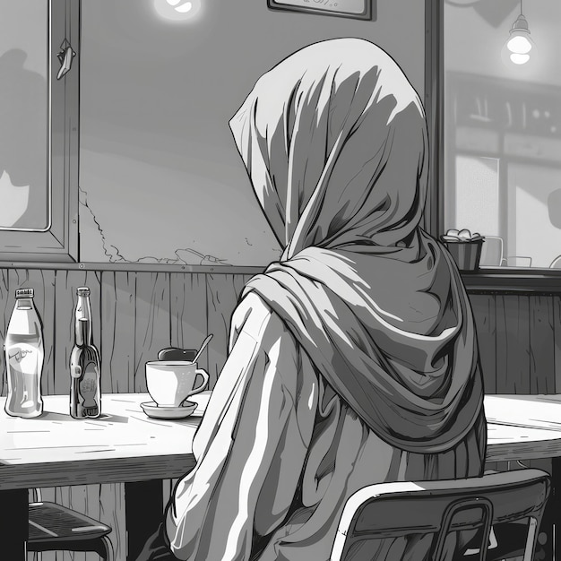 Foto ilustración de estilo manga de una mujer musulmana sentada sola en un café generada por ia imagen