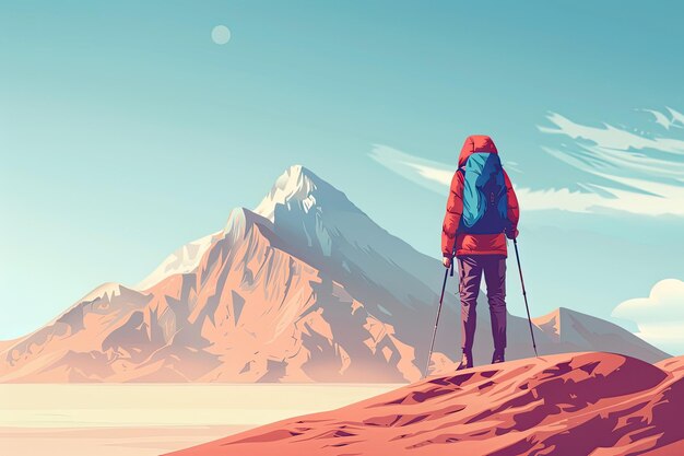 Ilustración de estilo mínimo de un excursionista mirando un pico lejano