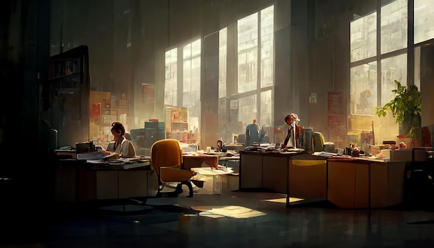 Ilustración de estilo de oficina industrial con trabajador de oficina y ventanas panorámicas con paisaje urbano borroso