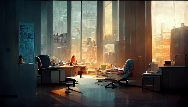Ilustración de estilo de oficina industrial con trabajador de oficina y ventanas panorámicas con paisaje urbano borroso