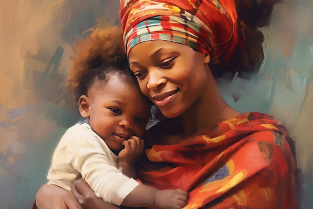 Ilustración en estilo pictórico de una madre africana con su bebé que retrata un retrato alegre y optimista IA generativa