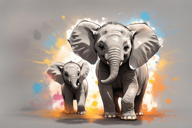 ilustración de estilo de pintura elefante bebé feliz con madre ai generativa