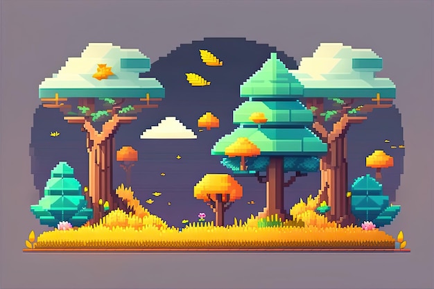 Una ilustración estilo pixel art de árboles y nubes.