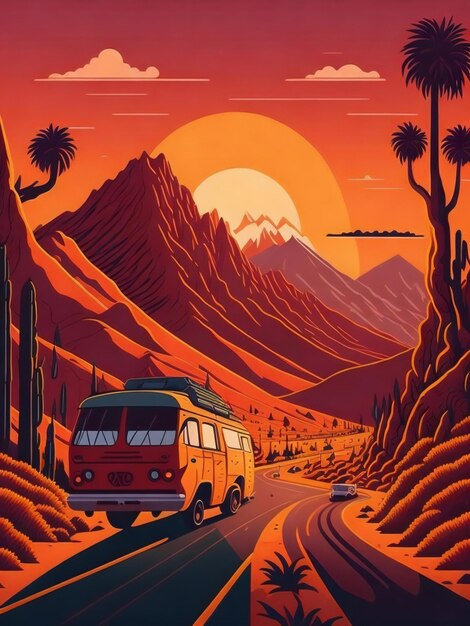 Una ilustración de estilo plano de una furgoneta conduciendo por una sinuosa carretera de California