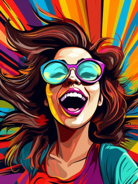 Ilustración de estilo pop art de una mujer con gafas de sol sobre un fondo colorido