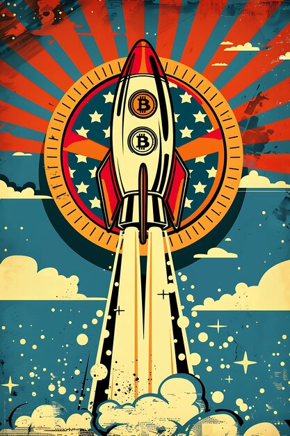 Foto ilustración de estilo pop de un cohete bitcoin que toma la criptomoneda de la ilustración