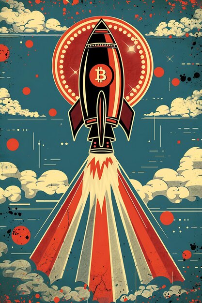 Foto ilustración de estilo pop de un cohete bitcoin que toma la criptomoneda de la ilustración