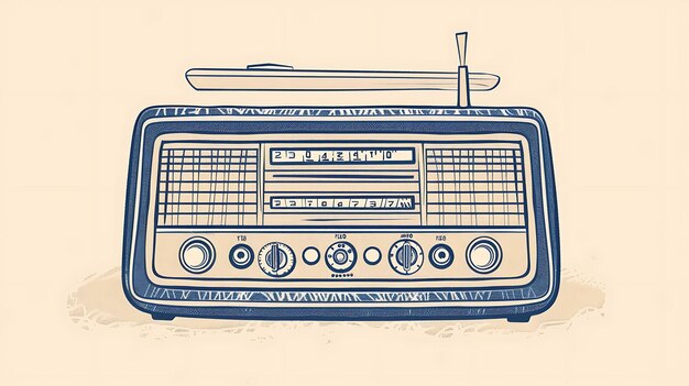 Ilustración de estilo retro azul y crema de una radio anticuada