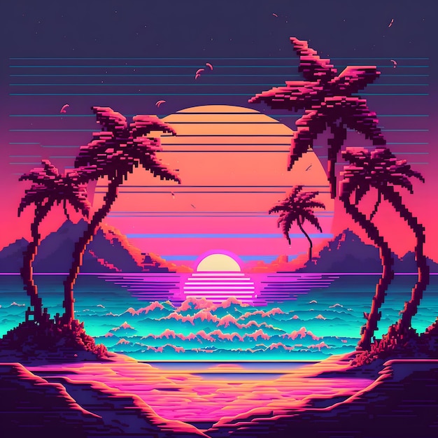 Una ilustración de estilo retro de una escena de playa con palmeras y montañas.