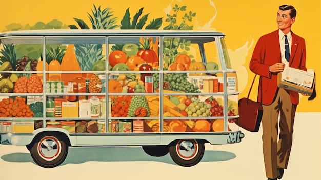 Ilustración de estilo retro de un hombre comprando frutas y verduras en el supermercado