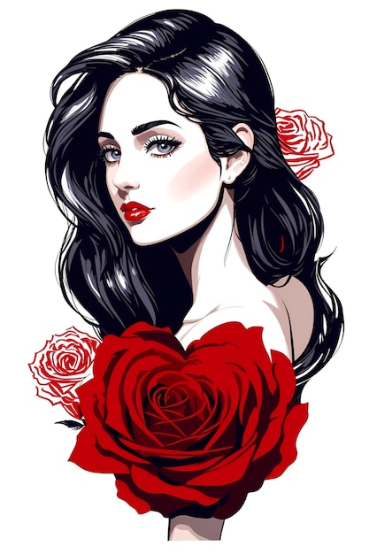 Ilustración de estilo vectorial belleza mujer y rosas rojas conjunto 7 imágenes con AI generado