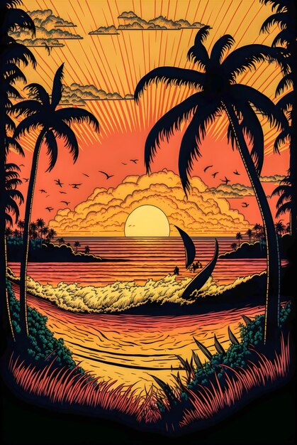 Ilustración de estilo vintage de fondo de playa de sol naciente y paraíso