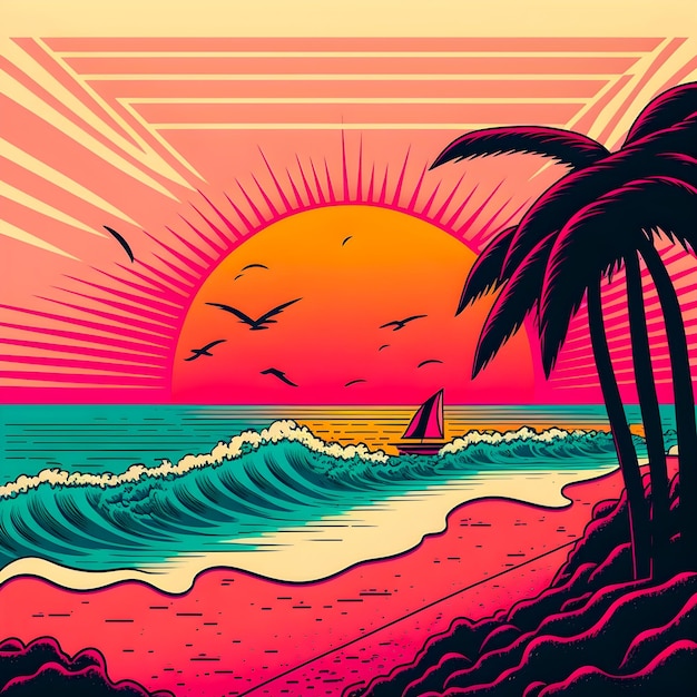 Ilustración de estilo vintage de fondo de playa de sol naciente y paraíso