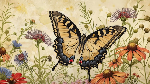 Ilustración de estilo vintage de una mariposa en flores