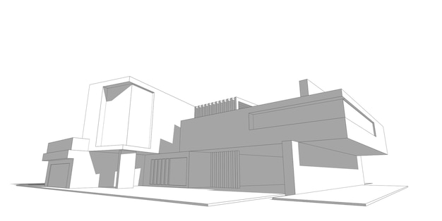 Ilustración de estructura metálica 3d de arquitectura de boceto de construcción de viviendas, línea de perspectiva arquitectónica moderna.