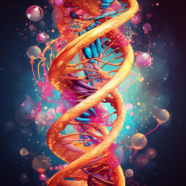 Ilustración de estructura molecular de hebras de ADN de biología celular humana