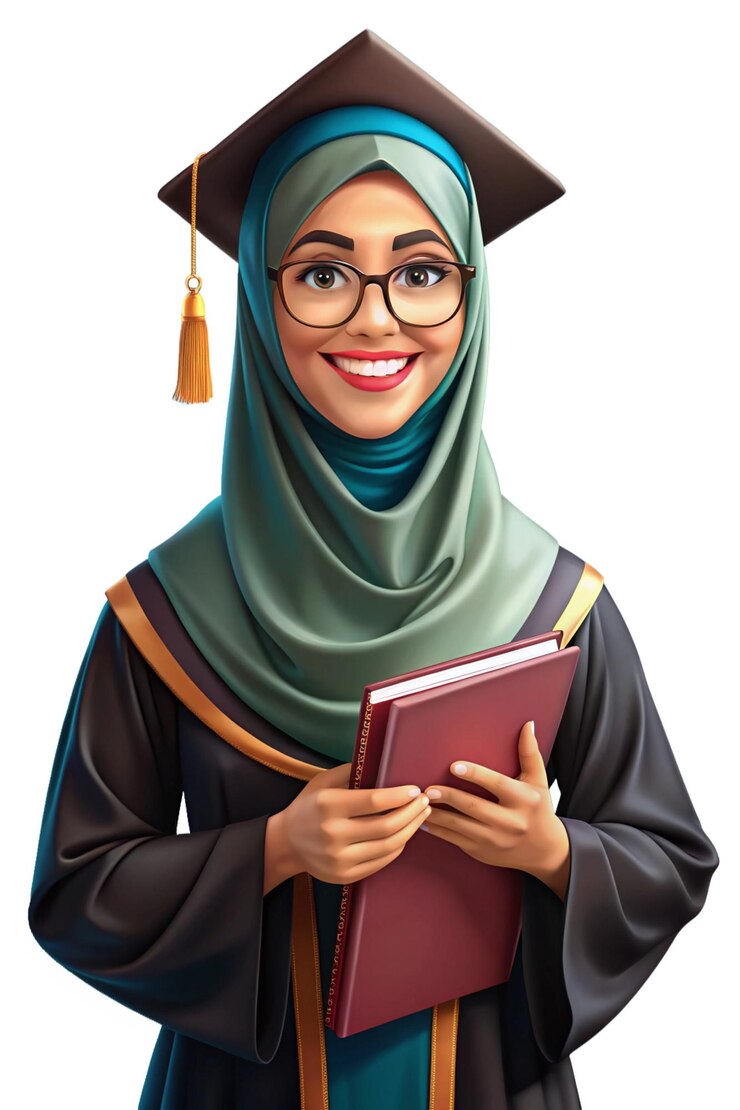 Ilustración de un estudiante árabe con un libro en la mano y con ropa de graduación en fondo blanco
