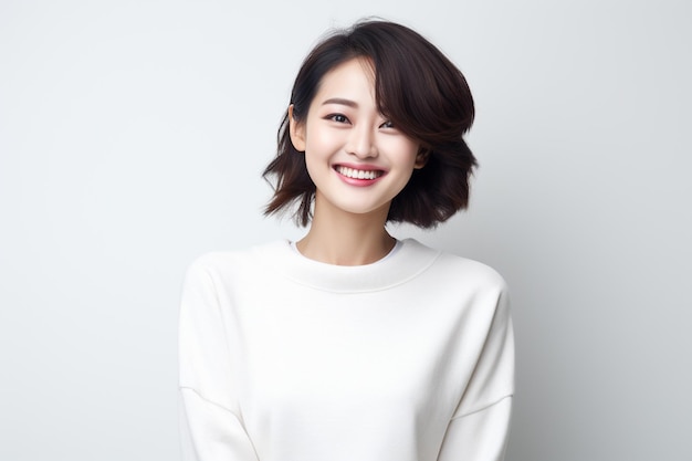 Ilustración de una estudiante universitaria coreana sobre un fondo gris con camisa blanca