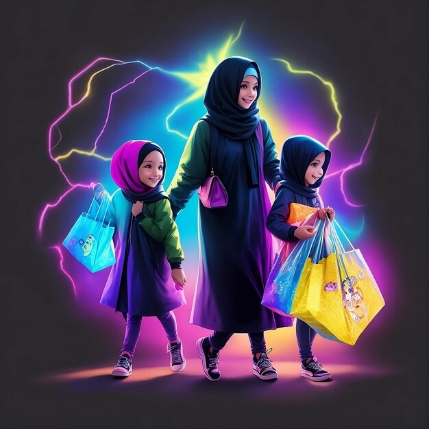 Ilustración de una familia con bolsa de compras.