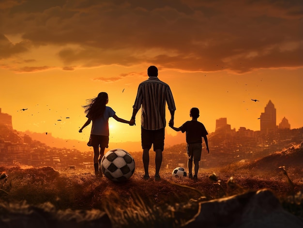 Ilustración de una familia feliz jugando al fútbol