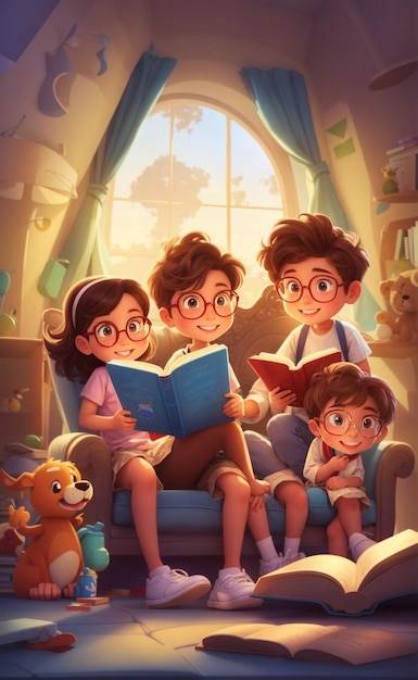 Ilustración de una familia feliz leyendo un libro en estilo de arte 3D 9