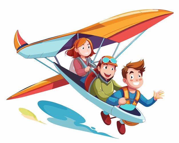 Ilustración de una familia feliz volando en un planeador colgante