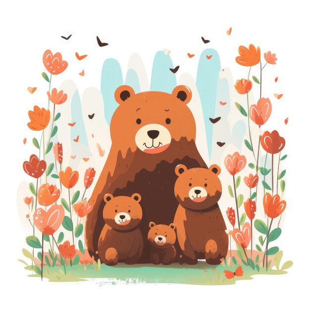 Foto ilustración de una familia de osos con flores sobre un fondo blanco
