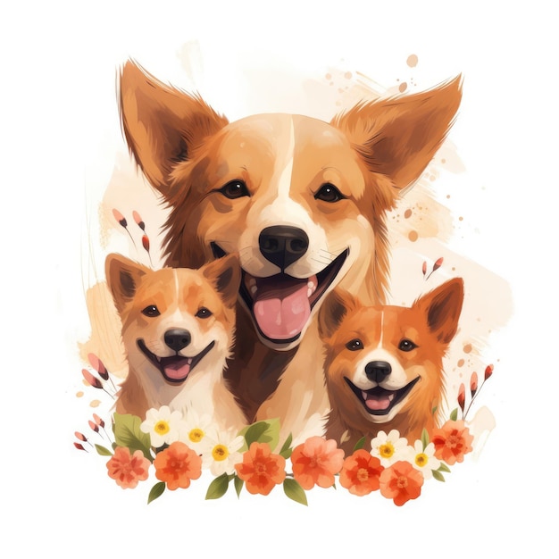 Ilustración de una familia de perros con flores sobre un fondo blanco