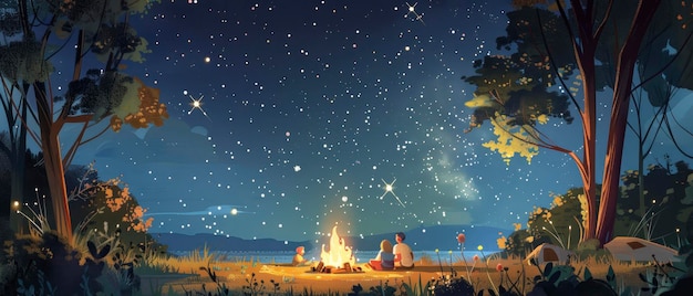 Una ilustración de una familia reunida alrededor de una fogata crepitante asando marshmallows y compartiendo historias bajo un cielo lleno de estrellas en medio de un denso bosque