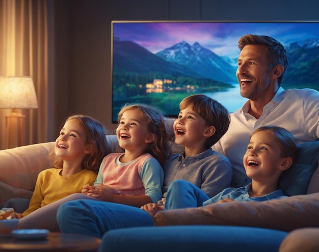 Ilustración de una familia viendo la televisión con felicidad 1