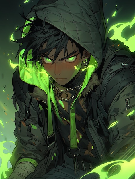 Ilustración de fantasía de un anime con una capa verde con capucha y un sombrero AI Generative