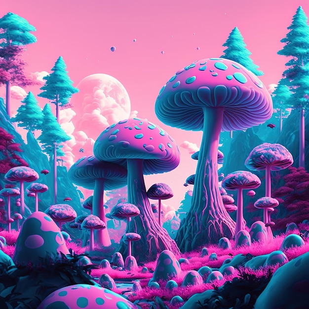 Ilustración de fantasía de un bosque de hongos esponjosos IA generativa